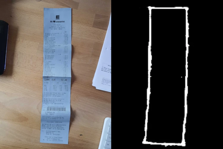 Example of receipt on the left and TensorFlow Edge Detection Simple Output with trained model on the right side